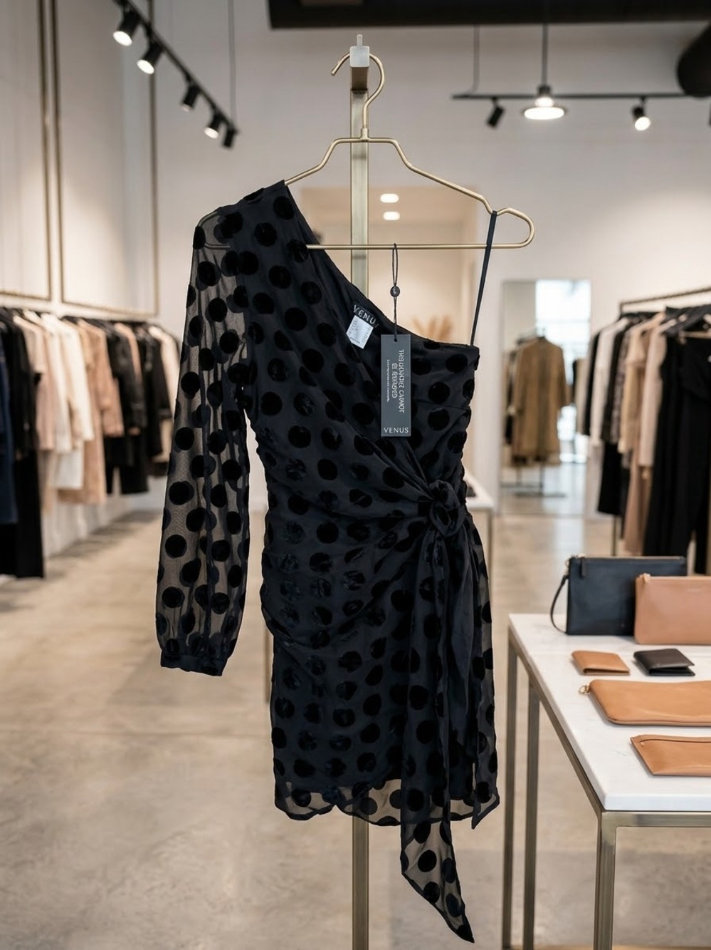 VENUS Black One-Shoulder Polka Dot Tie-Waist Dress